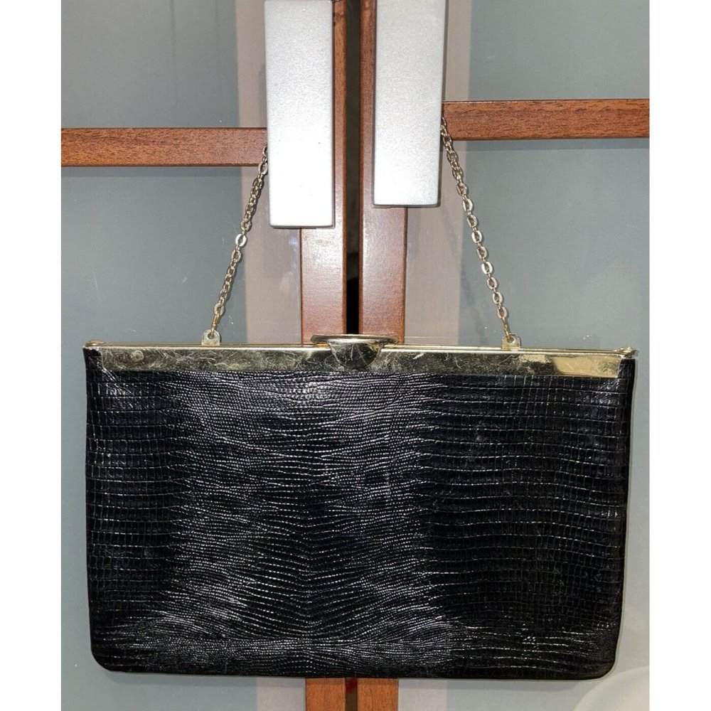 ETRA Vintage Black Lizard Leather Purse Clutch Convertible Handbag Gold Chain